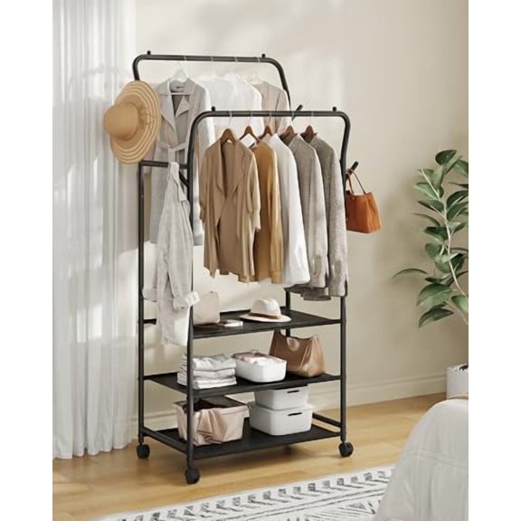 Clothes Racks for Hanging Clothes, Rolling Garment Rack, Clothing Rack with Wheels and Hooks, Double Rod Clothes Rack with Shelves, for Bedroom, Living Room, Laundry Room Black TYM07BB