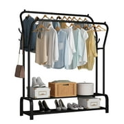 Clothes Racks Heavy Duty with Double Rods Multi-functional Storage Shelf Coat Rack 4 Hooks Black