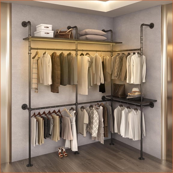 Clothes Racks, Industrial Pipe Garment Rack with LED Lights & Shelves, Reversible 118.3'' Hanging Closet System, Black | Metal & Particleboard
