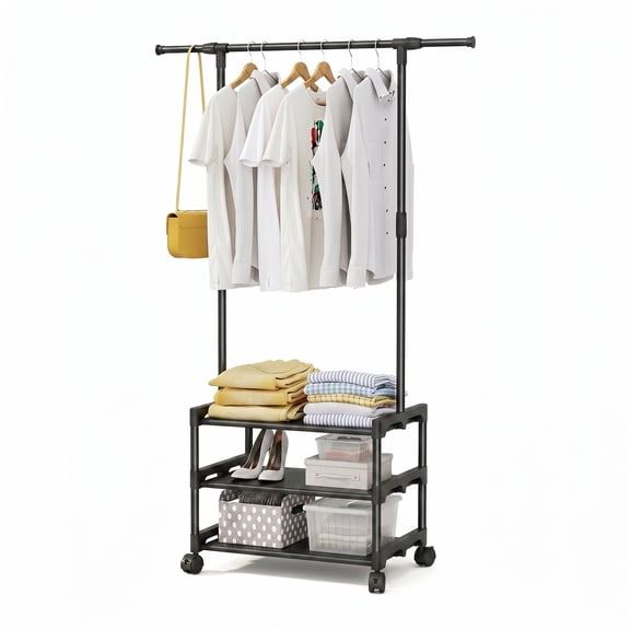 Clothes Rail with Wheels,Freestanding Coat Hanger Garment Drying Rack with 3 Tier Lower Storashelf