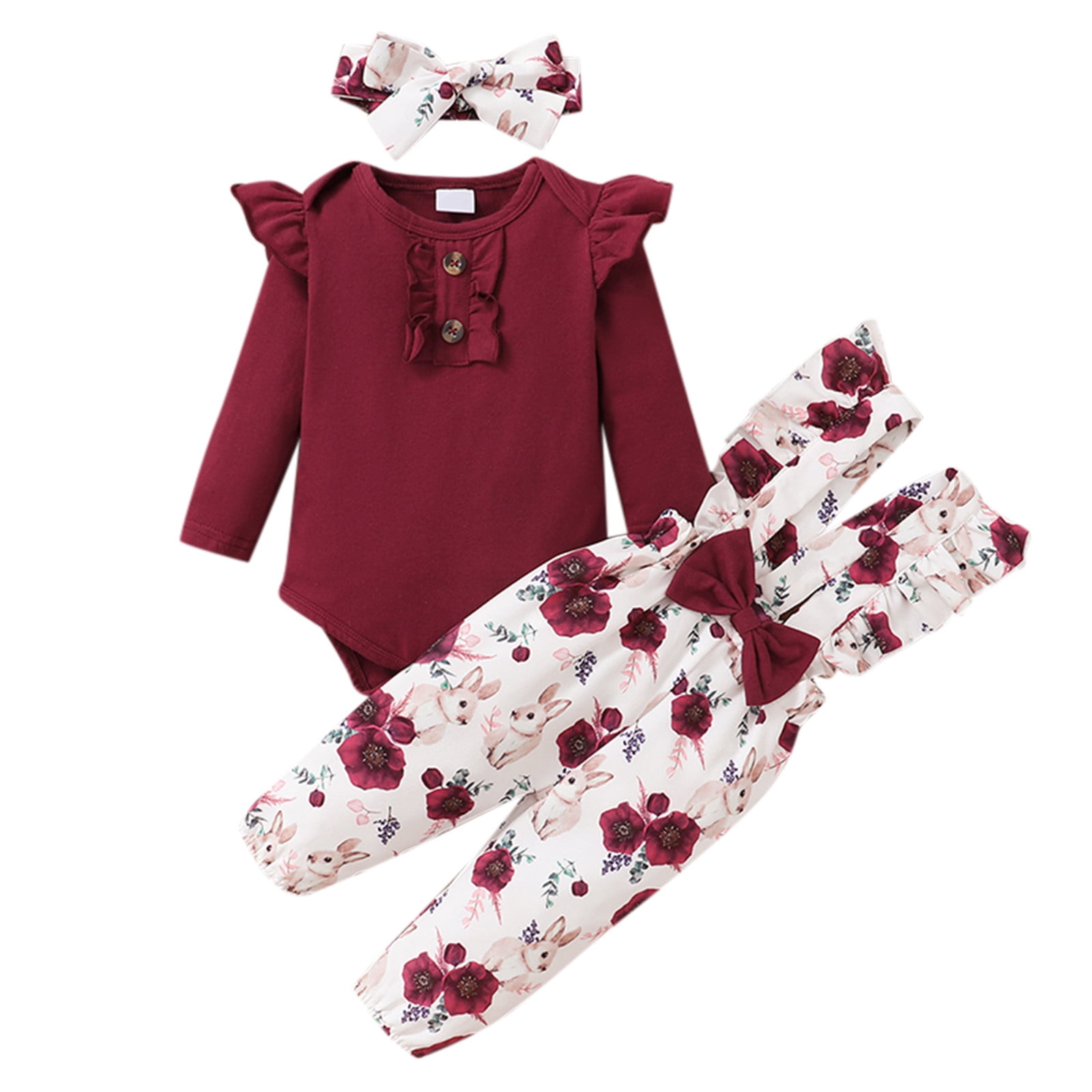 Clothes Set For Toddler Baby Girl Baby Girls Long Ruffled Sleeve Solid Romper Tops Flower Print Suspender Pant With Headbands 3Pcs A Casual Toddler Girl Outfits 6 Months-9 Months