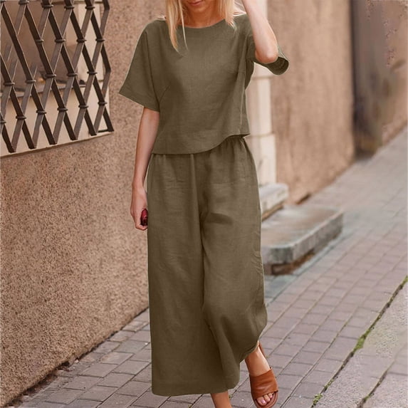 AXXD 2 Piece Outfit for Women,Round Neck Short Sleeve Tops Pants Suit Sets Athletics Work For Woman Pants Khaki 6