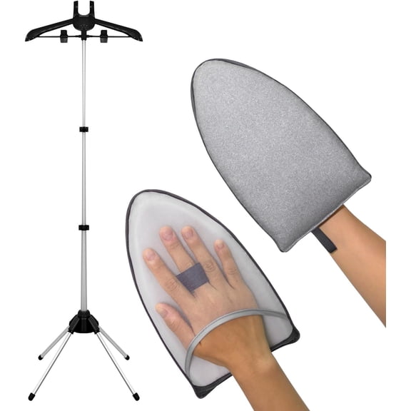 Clothes Steamer Rack Stand with Ironing Glove - Portable Steamer Hanger for Wrinkle Removal, Garment Steamer Rack with Handheld Ironing Pad Board for Quick Clothing & Fabric Steaming
