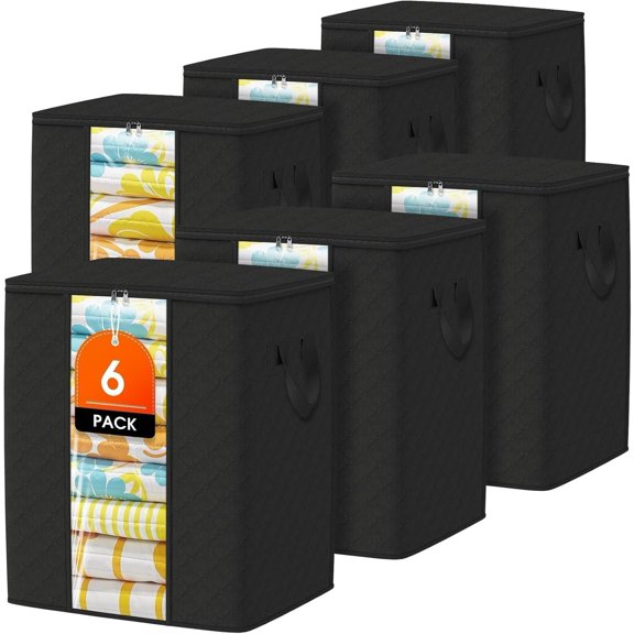 Clothes Storage Bags, 6-Pack Comforter Blanket Organizers, 80L Large Capacity Containers with Visual Window for Clothing, Quilt, Sheet, Pillow, Closet Organization for Bedding (Black)