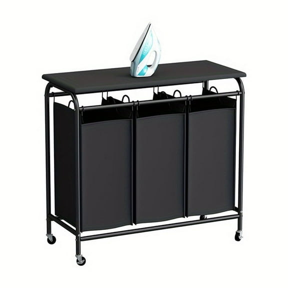 Clothes Storage Basket 3-Bag Laundry Basket Sorter Rolling Lockable Wheel Laundry Basket Trolley with Ironing Board and Removable Bags