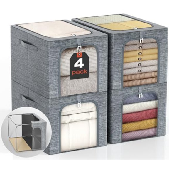 Clothes Storage Bin with Metal Frame: 4-Pack Stackable Closet Storage Bin with Lid Clear Window Sweater Boxes Storage for Closet Clothing Bedding Storage Organizer 40L