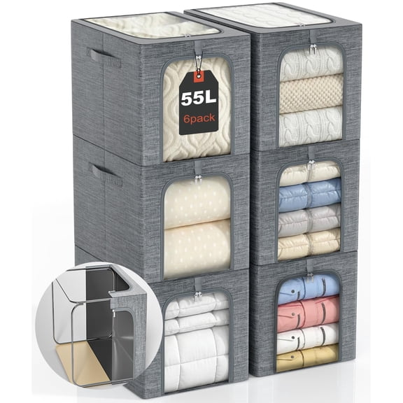 Clothes Storage Bin with Metal Frame: 6-Pack Stackable Closet Storage Bin with Lid & Clear Window, Sweater Boxes Storage for Closet Bedding Clothing Storage Organizer 40L