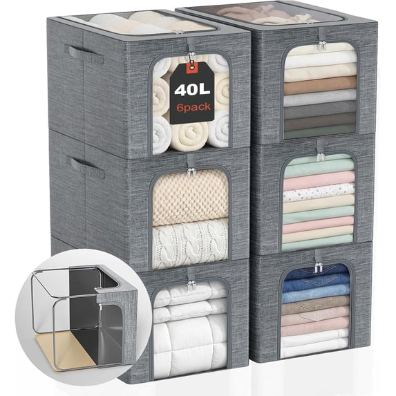 Clothes Storage Bin with Metal Frame: 6-Pack Stackable Closet Lid & Clear Window, Sweater Boxes for Bedding Clothing Organizer 40L