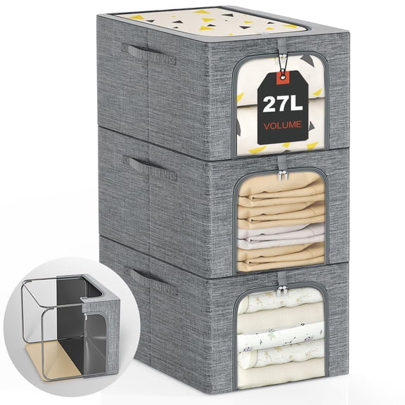 Clothes Storage Bins 3-pack 27L Stackable Closet Organizer with Lid and Clear Window