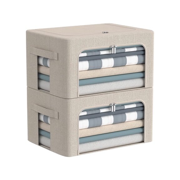 Clothes Storage Bins Box -Foldable Stackable Container Organizer Set with Clear Window & Carry Handles & Metal Frame - Large Capacity