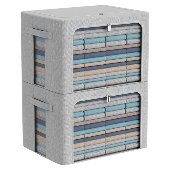 Clothes Storage Bins Box - Foldable Stackable Container Organizer Set with Clear Window & Carry Handles & Metal Frame