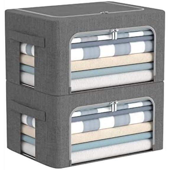 Clothes Storage Bins Box - Linen Fabric Foldable Stackable Container Organizer Set with Clear Window & Carry Handles & Metal Frame - 2Pack Large Capacity for Bedding, Blankets, Books