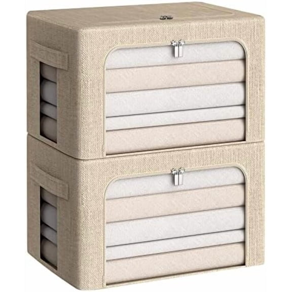 Clothes Storage Bins Box - Linen Fabric Foldable Stackable Container Organizer Set with Clear Window & Carry Handles & Metal Frame for Bedding, Blankets, Books (Beige, Medium-36L)
