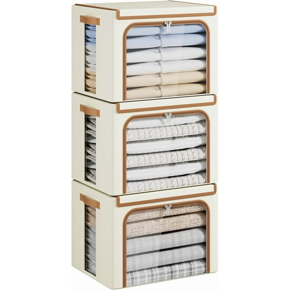 Clothes Storage Bins with Frame, Foldable Clothing Storage Bin with Lid, Stackable Oxford Fabric Organizer Box With Clear Window & Zippers & PU Leather Handles (3 ,Beige,40L)