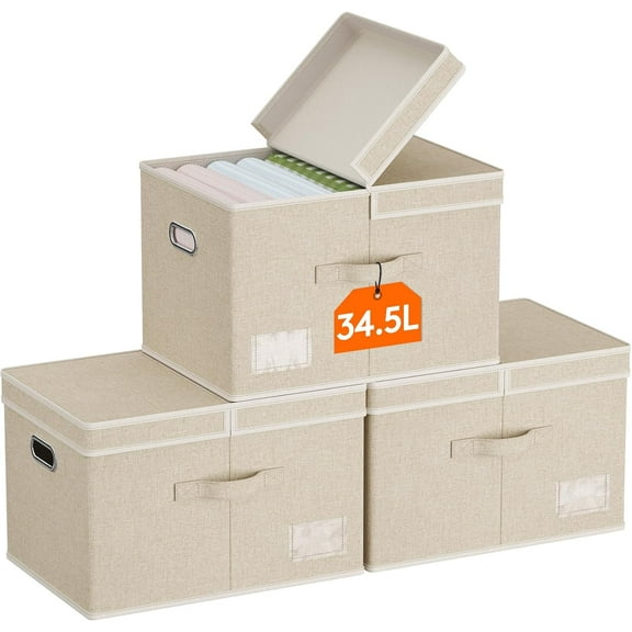 Clothes Storage Bins with Lids, Fabric Foldable Storage Boxes with Handles, Decorative Closet Organizer, Stackable Cube Baskets Container for Bedroom, Office, 34.5L Large Beige, 3 Packs