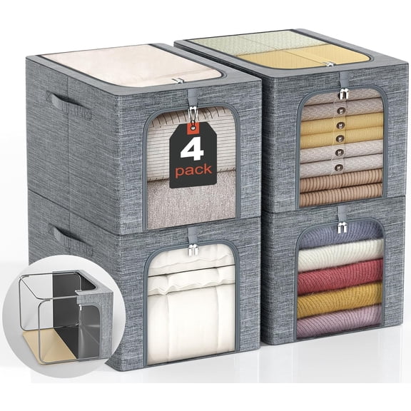 Clothes Storage Bins with Metal Frame, 4-Pack Closet Storage Bins with Lid & Clear Window, Sweater Boxes Organizer for Closet, Clothing Storage, Cationic Fabric 40L