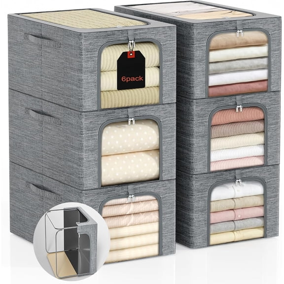 Clothes Storage Bins Metal Frame: 55L Extra Large Stackable Closet Storage Bin with Lid & Clear Window, Heavy Duty Blanket Box for Winter Coats Comforters (Fits Deep Closet 6-Pack)