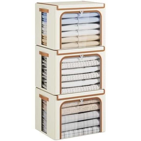 Clothes Storage Bins with Metal Frame, Foldable Clothing Storage Bin with Lid, Stackable Oxford Fabric Organizer Box With Clear Window & Zippers & PU Leather Handles (3 Pack,Beige,40L)