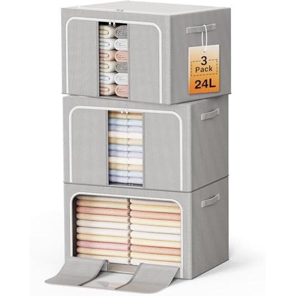 Clothes Storage Bins with Metal Frame Foldable Storage Box Clothes Organizers Storage Containers for Clothes Sheets Blankets Books Toys Gifts and Holiday Decorations (24Lx3 Pack)