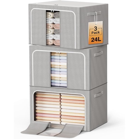 Clothes Storage Bins with Metal Frame Foldable Storage Box Clothes Organizers Storage Containers for Clothes Sheets Blankets Books Toys Gifts and Holiday Decorations (24Lx3 Pack)