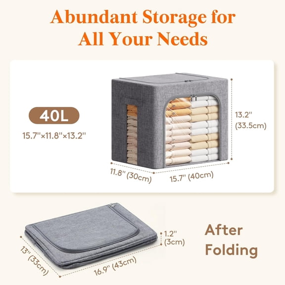 Clothes Storage Bins with Metal Frame, Stackable Storage Box, Foldable Clothing Storage Bins with Lids, 40L Storage Bags Fabric Box Organizer with Clear Window& Zippers& Sturdy Handles 6 Pack