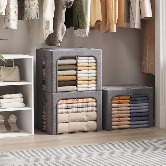 Clothes Storage Bins with Metal Frame, Stackable Storage Box, Foldable Clothing Storage Bins with Lids, 75L Storage Bags Fabric Box Organizer with Clear Window & Zippers & Sturdy Handles 3 Pa