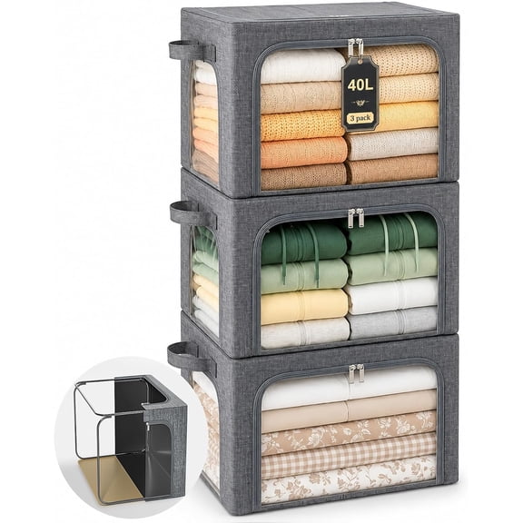 Clothes Storage Bins with Metal Frame for Sweaters, 40L 3-Pack Grey | Seasonal Clothes Hoodies Jeans, Closet Top Shelf Linen Closet Organizer, 3 Side Access Stackable Collapse-Proof, Clear Window