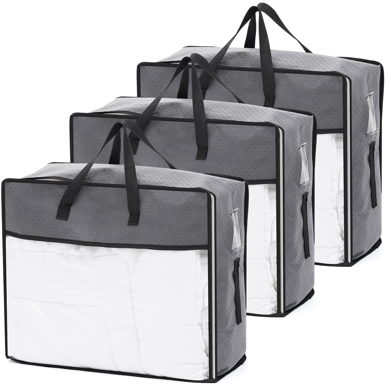 YEERSWAG 3 Pack 90L Large Clothes Storage Bags, Reinforced Handles & Clear Window, Moisture Proof Non-Woven Comforter Storage Organizer for Quilts, Blankets, Pillows, Seasonal Clothing