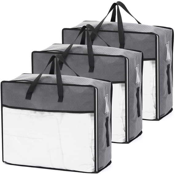 YEERSWAG 3 Pack 90L Large Clothes Storage Bags, Reinforced Handles & Clear Window, Moisture Proof Non-Woven Comforter Storage Organizer for Quilts, Blankets, Pillows, Seasonal Clothing