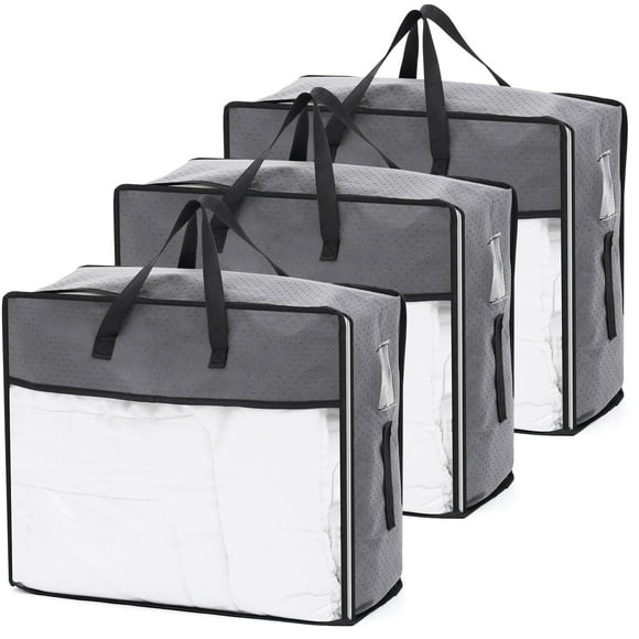 HONEIER 3-Pack Clothes Storage Bags, Underbed Organizers with Clear Window, Blanket and Comforter Storage Bags with Reinforced Handle, Gray