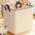thumbnail image 1 of Clothes Storage Box, Large Capacity Foldable Fabric Wardrobe Organizer with Two-Way Zipper, Yellow Stripe Pattern, for Home Moving, Seasonal Clothing, and Bedroom Closet Storage (1 Pc), 1 of 5