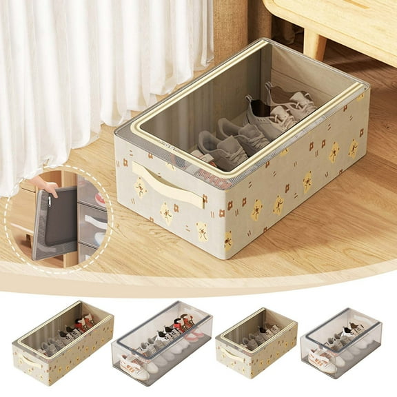 Clothes Storage Box | Wardrobe Organizer Basket | Stackable Foldable Design, Steel Frame, Transparent Lid, Washable, Space-Saving | Gray | 12 x 14 x 8 in