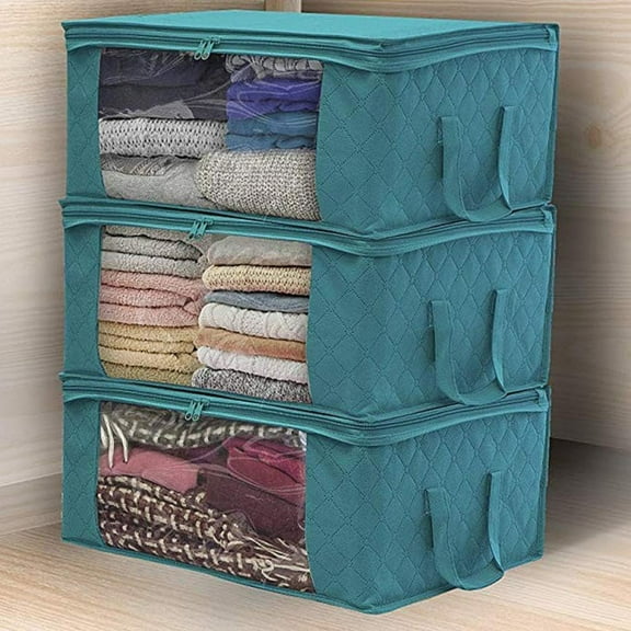Clothes Storage, Foldable Blanket Storage Bags, Storage Containers for Organizing Bedroom, Closet, Clothing, Comforter, Sweater, Organization and Storage with Lids and Handle, Blue, 1 PCS