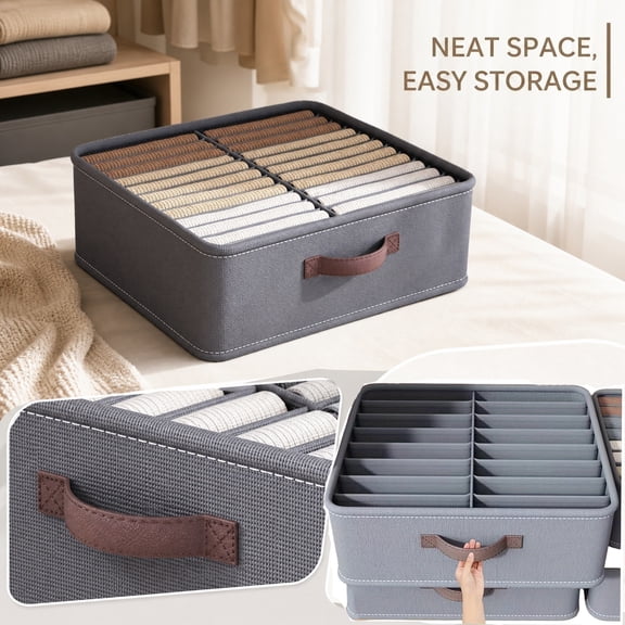Clothes Storage Organizer Box, Double Row Divided Fabric Closet Drawer Bin with Leather Handle, Foldable Separated Clothing Storage Container for Shirts, Pants, Underwear, Household Bedroom Wardrobe