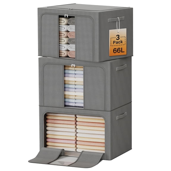 Clothes Storbwith Metal Frame Foldable Organizers Containers For Sheets Blanketsows And Towels (66l 3 Pack Deep Grey
