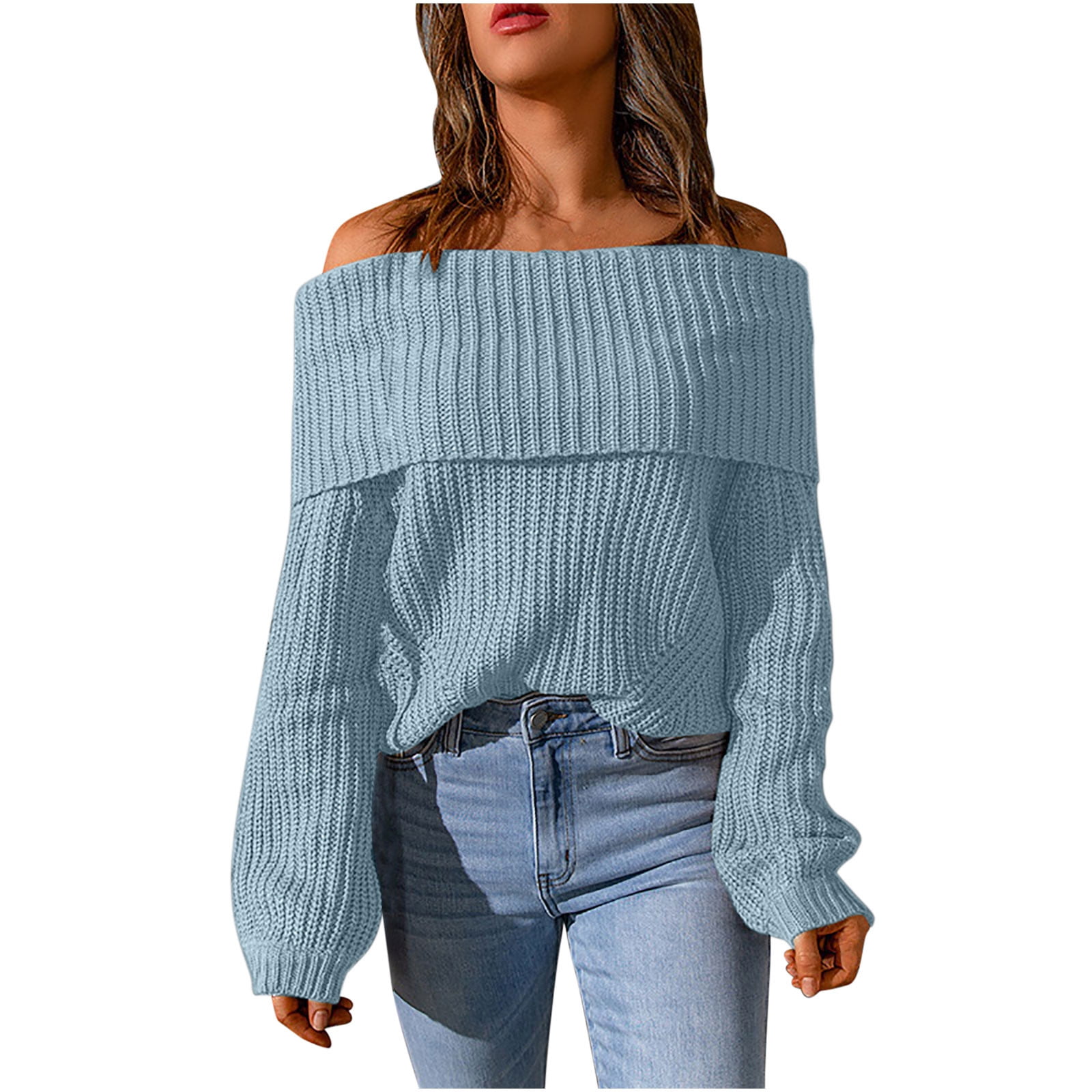 Off the shoulder clearance lantern sleeve pullover sweater