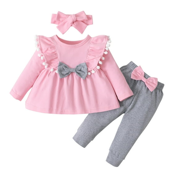 Clothes for Teen Girls,Baby Girl Dress Set Long Sleeve Bowknot Top Pants Headband Outfit Three Piece Photoshoot Party Wear,Tween Girls Trendy Clothes,Pink,6-9 Months