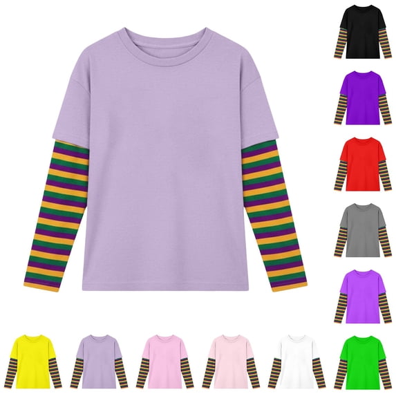 Clothes for Teens Girls Basic Long Sleeve Tees Unisex Kids Faux Layered Striped Top, Comfort Festival Playwear Tee For Boys Girls Everyday Use First Day Of School Shirt