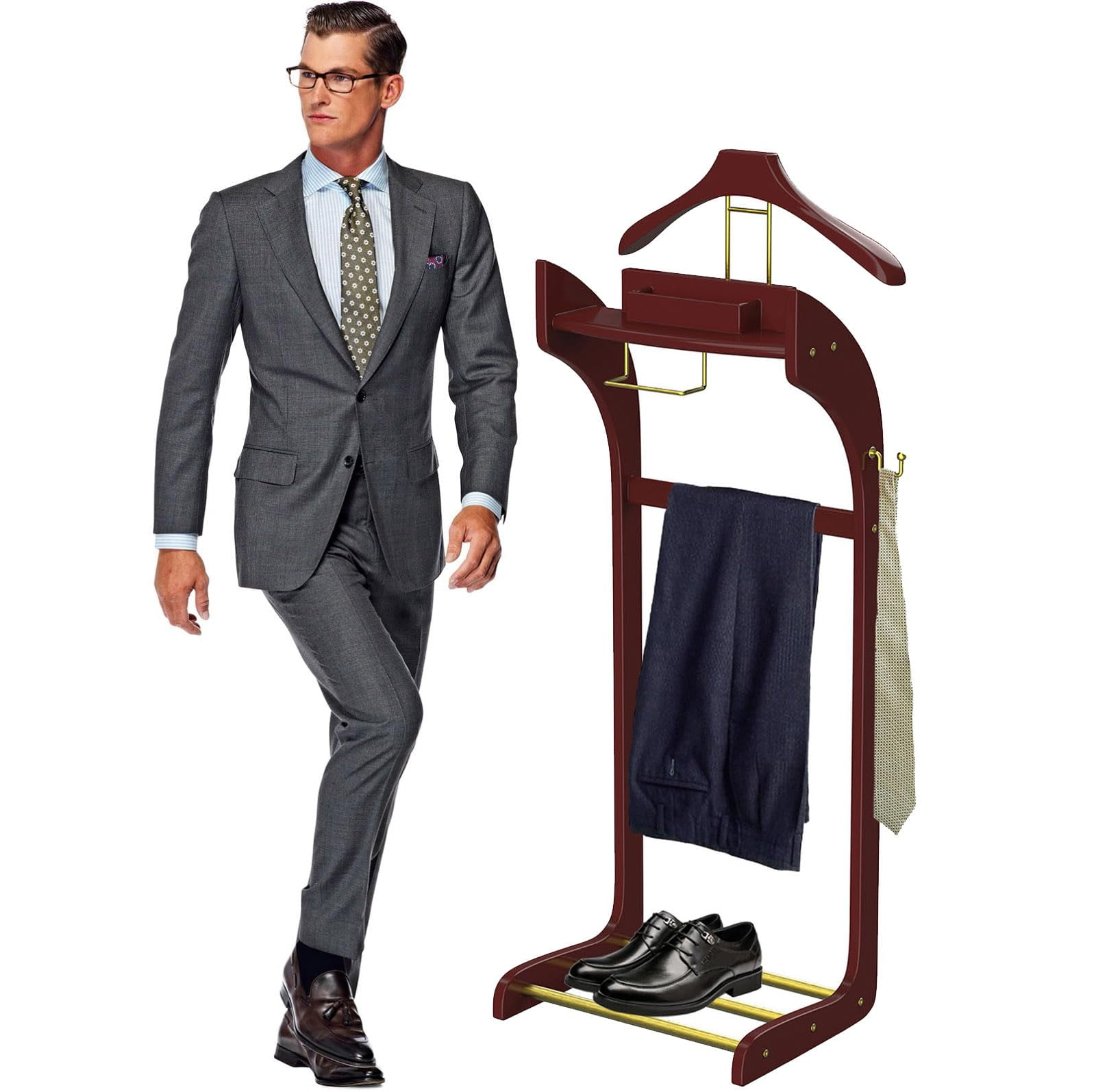 Clothes Valet Stand Men and Women Floor Standing Clothes Valet Suit Hanger Rack Solid Frame Crease Free Suit Coat Stand Storage Wooden for Hallway Dressing Room Walmart