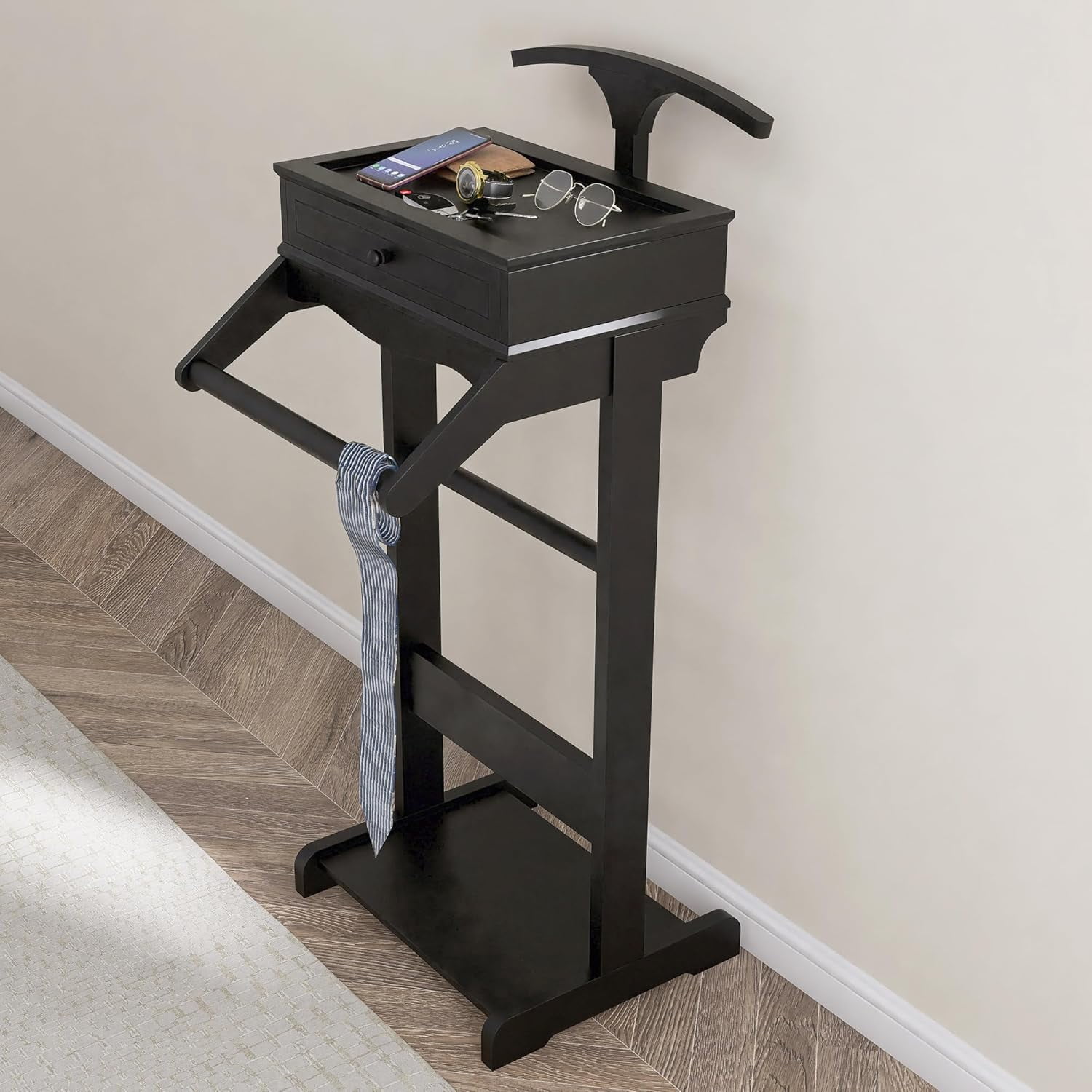 Freestanding Wood Clothes Valet Stand - Suit Hanger With Drawer And Base