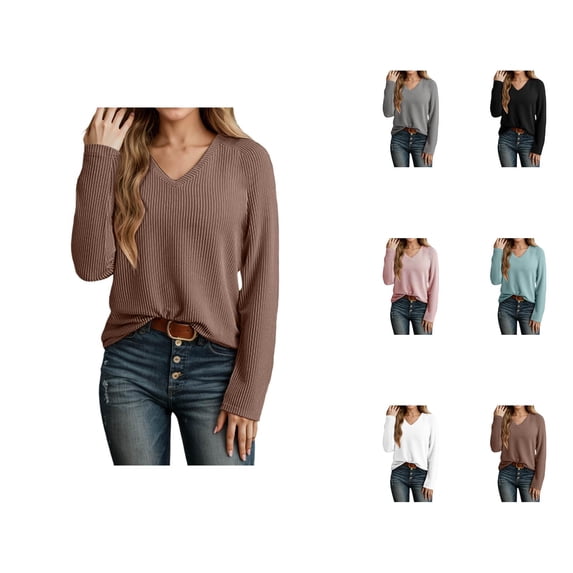 Clothes for Women Women's Solid Sweatshirt Women's Casual Long Sleeve V Neck Sweatshirt Soft Ribbed Knit Pullover Tops For Everyday Wear Comfortable Stylish Basic Shirt