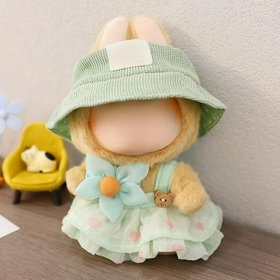 Clothes for 17cm Plush Doll, 2 Piece Set Skirt Hat for Dolls Green Dress Set
