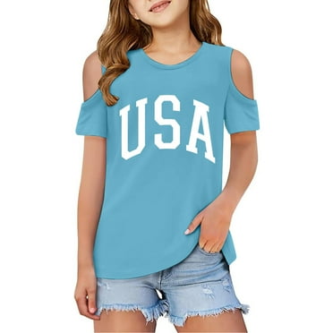 Clothes for Girls Cold Shoulder Letter Print Girls Short Sleeve Tops Round Neck Girls Summer Tops Girls T Shirts 9-10 Years Girl Fashion
