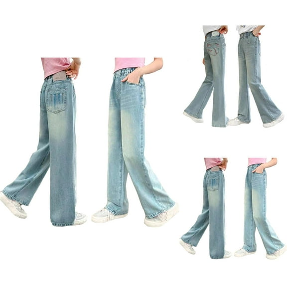 Clothes for Girls Pants Girls Girls Fashion Embroidered Pants Elastic Waist Wide Leg Jeans Loose Casual Demin Pants With Pockets