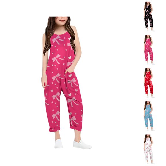 Clothes for Girls Pants for Girls Girls' Printed Casual V Suspender Romper Solid Color Loose Casual Romper With Pocket Spring And Summer Clothing