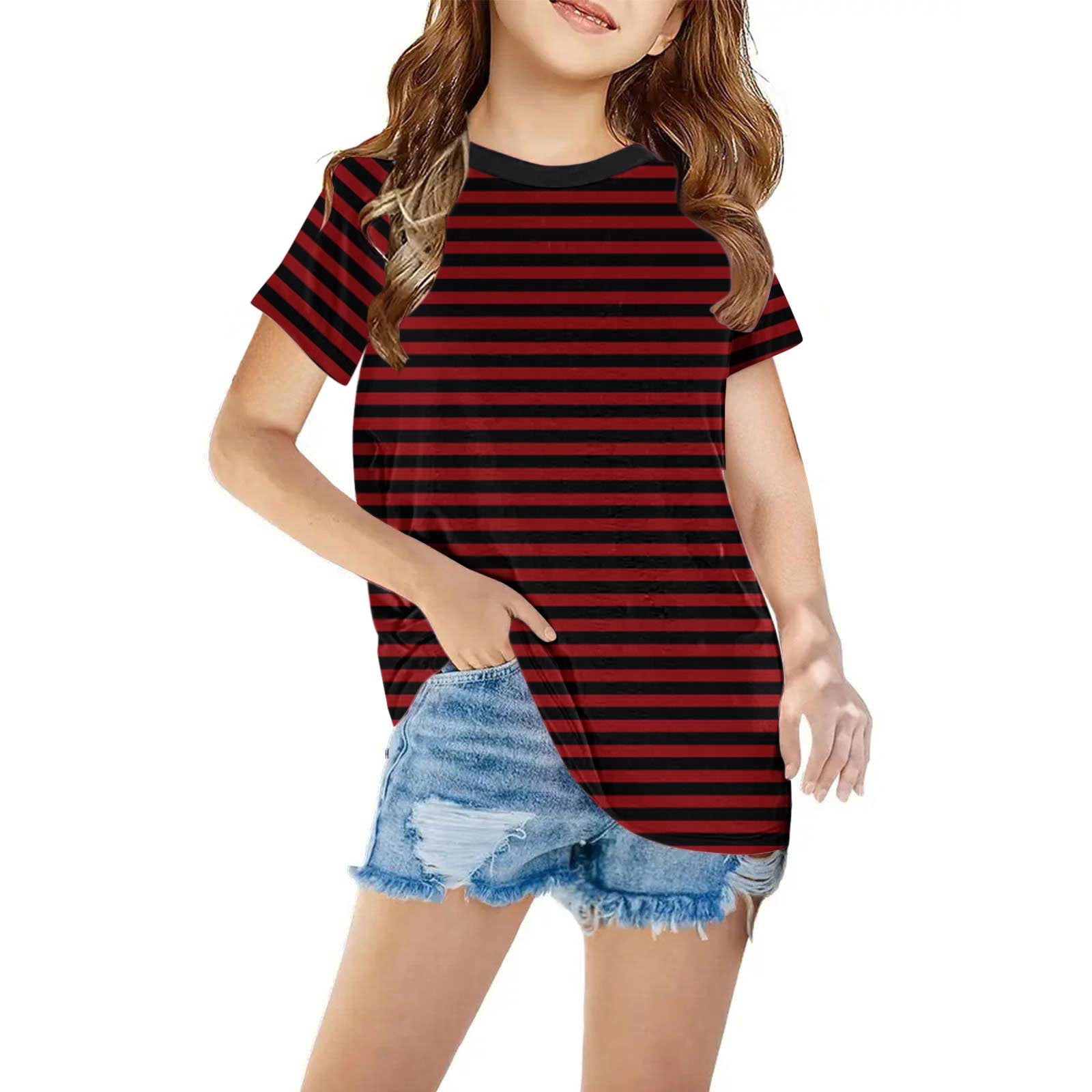Summer Girls’ Cartoon Pattern Striped Top Shirt in European and American Style