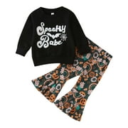 ZMHEGW Clothes for Kids Long Sleeve Letter Pullover Tops Cartoon Prints Bell Bottoms Pants Sets