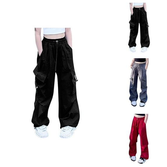 Clothes for Teen Girls Pants Girls Cargo Pants For Girls Casual High Waisted Drawstring Loose Fit Pockets Kid Cargo Sweatpants
