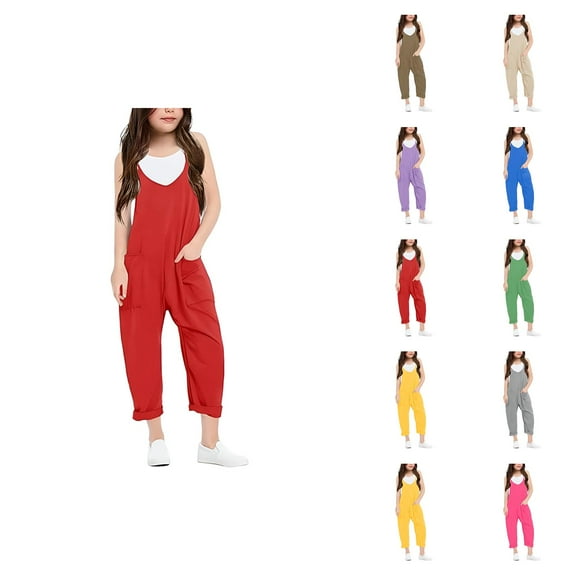 Clothes for Teen Girls Pants Girls Girls' Fashion Casual V Suspender Romper Solid Color Loose Casual Romper With Pocket Features: