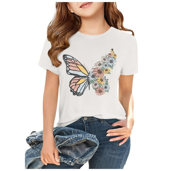 Clothes for Tween Girl Size 10-11 Years Girls Short Sleeve T Shirts Kids Butterfly Cartoon Shirts Summer Tops Crewneck Tees 3 13 Years
